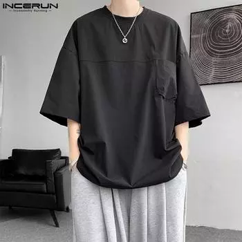 INCERUN Мужские свободные футболки с круглым вырезом и коротким рукавом S чёрный