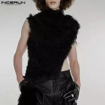 INCERUN Мужские нерегулярные пушистые майки без рукавов жилет M чёрный