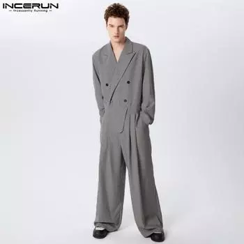 INCERUN Мужские нестандартные комбинезоны с зазубренными лацканами и длинными рукавами, повседневные комбинезоны на молнии M чёрный