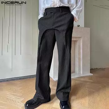 INCERUN Мужские нестандартные полосатые брюки повседневные офисные брюки-карандаш на молнии L чёрный