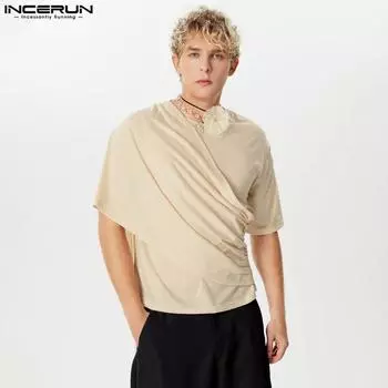 INCERUN Мужские нестандартные топы с оборками Повседневные однотонные футболки Warp XL синий