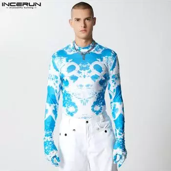 INCERUN Мужские облегающие эластичные топы с водолазкой и длинными рукавами с принтом