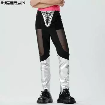 INCERUN Мужские облегающие брюки из искусственной кожи на шнуровке в стиле пэчворк
