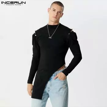 INCERUN Мужские облегающие длинные топы с длинными рукавами и нерегулярным разрезом XL чёрный