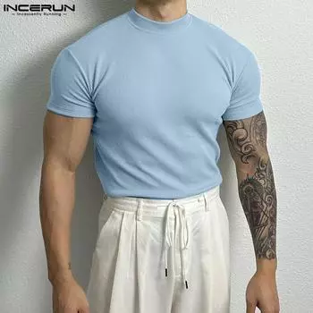 INCERUN Мужские облегающие футболки с коротким рукавом, летние топы с воротником-мышкой 2XL чёрный