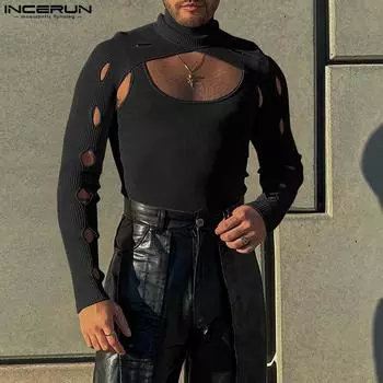 INCERUN Мужские облегающие клубные топы с длинными рукавами и вырезами