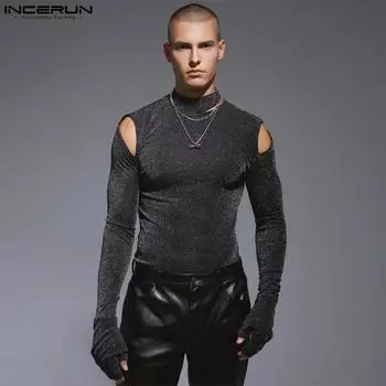 INCERUN Мужские облегающие клубные топы с длинными рукавами