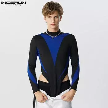 INCERUN мужские облегающие комбинезоны с длинным рукавом в стиле пэчворк, комбинезоны с воротником-стойкой