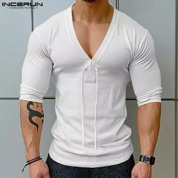 INCERUN Мужские облегающие пуловеры с V-образным вырезом, повседневные майки с длинным рукавом S чёрный