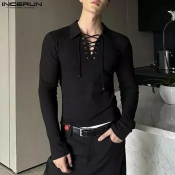 INCERUN Мужские облегающие топы с длинным рукавом и бандажным воротом S чёрный