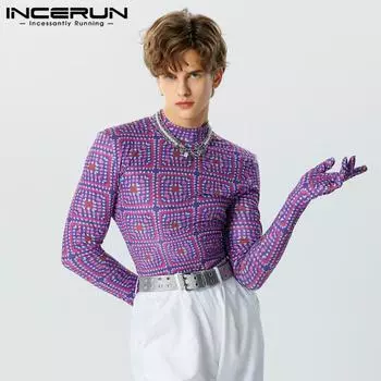 INCERUN Мужские облегающие топы с длинными рукавами и принтом с высоким воротником