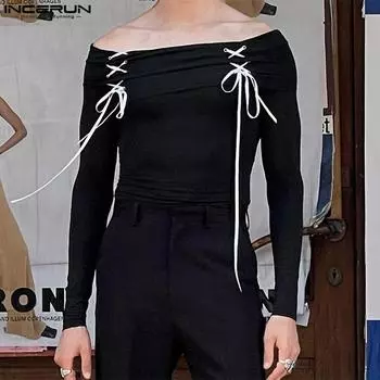 INCERUN Мужские облегающие топы с открытыми плечами и шнуровкой, с длинным рукавом S чёрный