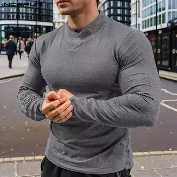 INCERUN Мужские облегающие топы с V-образным вырезом и длинным рукавом для спортзала, повседневные облегающие майки S чёрный