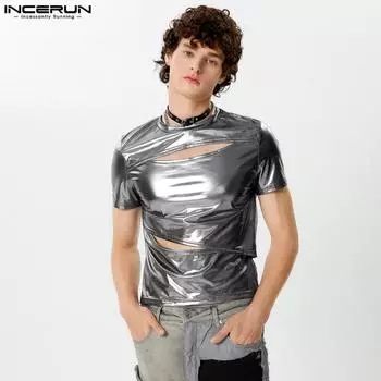 INCERUN Мужские облегающие укороченные топы из кожи с короткими рукавами и вырезами 4XL чёрный