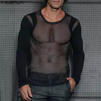 INCERUN Мужские обтягивающие сетчатые топы с длинным рукавом, прозрачные футболки с лоскутным узором S