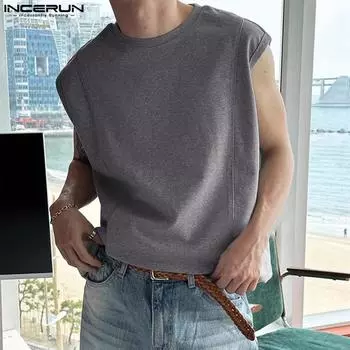 INCERUN мужские однотонные эластичные футболки без рукавов с круглым вырезом 2XL чёрный