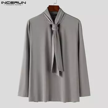 INCERUN Мужские однотонные эластичные топы с длинным рукавом и завязками Повседневные футболки 5XL белый