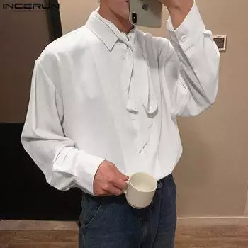 INCERUN мужские однотонные элегантные рубашки с длинным рукавом и галстуком-бабочкой