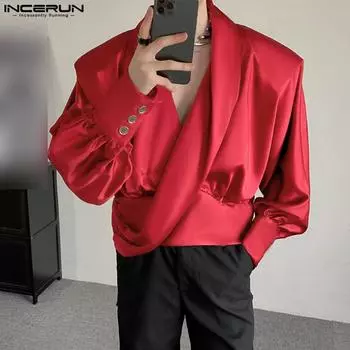 INCERUN Мужские однотонные атласные рубашки с длинным рукавом и V-образным вырезом с оборками L чёрный