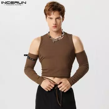 INCERUN Мужские однотонные бандажные топы с вырезами и длинными рукавами 2XL чёрный