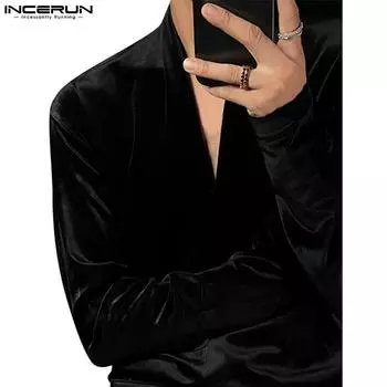 INCERUN Мужские однотонные бархатные рубашки на пуговицах с длинным рукавом M чёрный