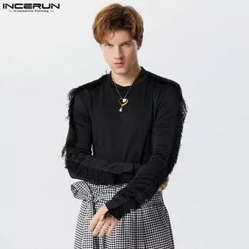 INCERUN Мужские однотонные боди с длинными рукавами и кисточками