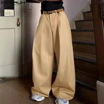 INCERUN Мужские однотонные брюки на молнии, повседневные широкие брюки