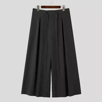 INCERUN мужские однотонные брюки с эластичной резинкой на талии, прямые, широкие, укороченные брюки чёрный