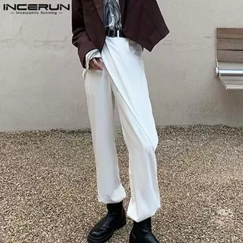 INCERUN Мужские однотонные длинные брюки с эластичной резинкой на талии