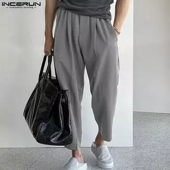 INCERUN Мужские однотонные длинные брюки с эластичной резинкой на талии, брюки для отдыха