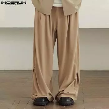 INCERUN Мужские однотонные длинные брюки с эластичной резинкой на талии, повседневные широкие брюки S чёрный