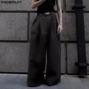 INCERUN мужские брюки с высокой талией на молнии, однотонные, длинные, повседневные, широкие брюки 4XL чёрный
