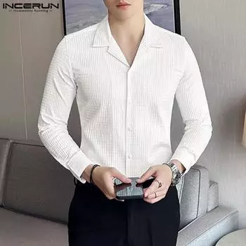 INCERUN Мужские однотонные клетчатые рубашки на пуговицах с длинными рукавами и лацканами