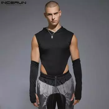 INCERUN Мужские однотонные комбинезоны с капюшоном без рукавов и высокой промежностью, трико