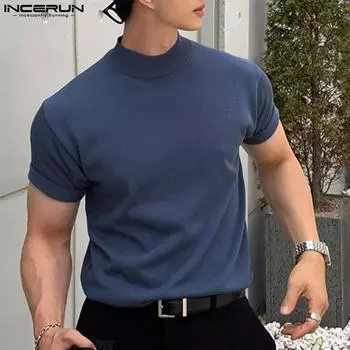 INCERUN мужские однотонные летние майки с короткими рукавами и топы с воротником-стойкой
