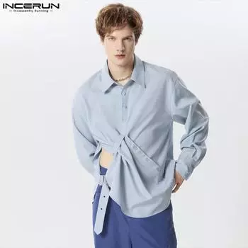 INCERUN Мужские однотонные однотонные элегантные рубашки с разрезом на пуговицах и длинными рукавами S чёрный