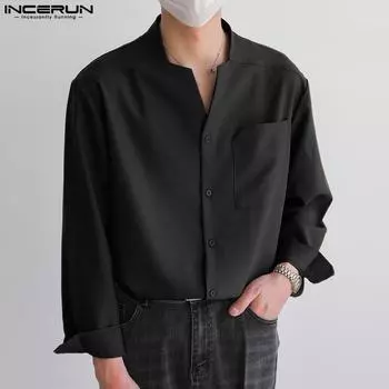 INCERUN Мужские однотонные офисные рубашки с длинным рукавом, повседневные топы с пуговицами S бежевый