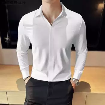 INCERUN Мужские однотонные офисные рубашки с воротником с лацканами и длинным рукавом XL чёрный