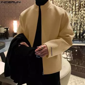 INCERUN мужские однотонные осенне-зимние винтажные пальто с воротником-стойкой на молнии, куртки