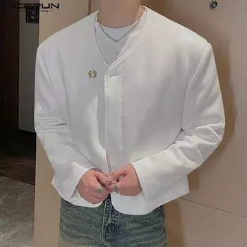 INCERUN Мужские однотонные пальто с круглым вырезом и длинным рукавом, повседневные кардиганы на одной пуговице 5XL чёрный