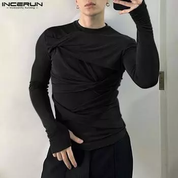 INCERUN мужские однотонные плиссированные полые топы с длинными рукавами и круглым вырезом 5XL чёрный