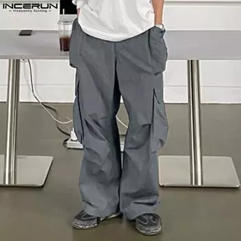 INCERUN Мужские однотонные повседневные брюки с эластичной резинкой на талии, брюки-карго с несколькими карманами