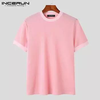 INCERUN мужские однотонные повседневные футболки с короткими рукавами и круглым вырезом 2XL розовый