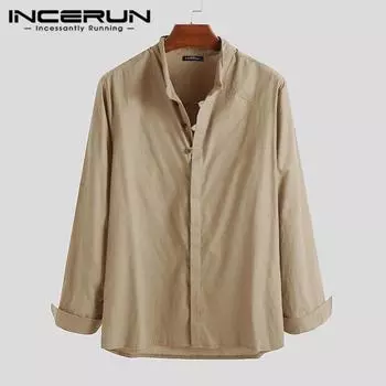 INCERUN мужские однотонные повседневные хлопковые рубашки с длинными рукавами и топы