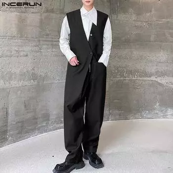 INCERUN мужские однотонные повседневные комбинезоны без рукавов с V-образным вырезом, комбинезоны