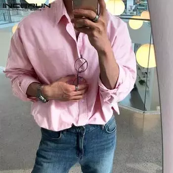INCERUN Мужские однотонные повседневные офисные рубашки с отложным воротником S розовый