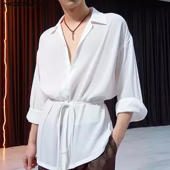 INCERUN Мужские однотонные повседневные рубашки на шнуровке с V-образным вырезом и длинными рукавами XL белый