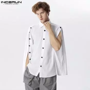 INCERUN Мужские однотонные повседневные рубашки с длинным рукавом и лацканами на пуговицах S чёрный