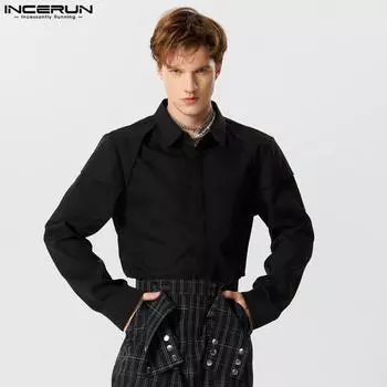 INCERUN Мужские однотонные повседневные рубашки с длинным рукавом и воротником