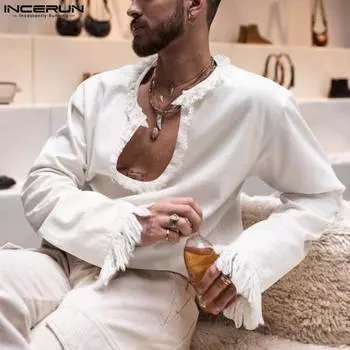 INCERUN Мужские однотонные повседневные рубашки с длинным рукавом и V-образным вырезом